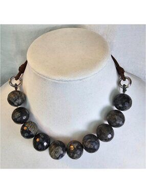 Brunello Cucinelli Labradorite Natural Gemstone Faceted Beads & Leather Necklace